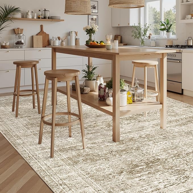 7x9 Area Rug for Living Room Washable Abstract Vintage Soft Thin Indoor Floor Non-Slip Carpet for Bedroom Dining Room Brown
