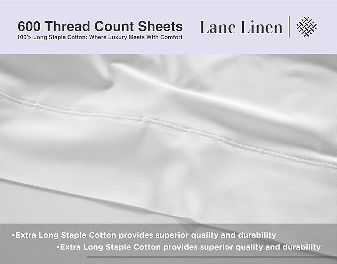 LANE LINEN 600 Thread Count 100% Cotton White Sheets Set Full Size, Fully Elasticized Cotton Hotel Style Thick Full Bedsheets, Soft Silky Sateen Weave for Luxurious Sleep, Machine Wash - White