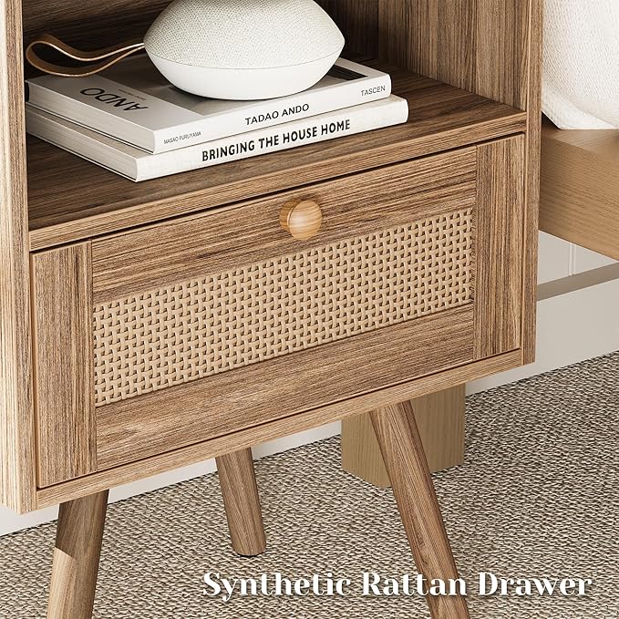 SUPERJARE Nightstand with Charging Station & Rattan-Like Decor Drawer, Rattan End Table with Solid Wood Feet, Bed Side Table with Open Storage, for Bedroom, Living Room, Dormitory, Walnut