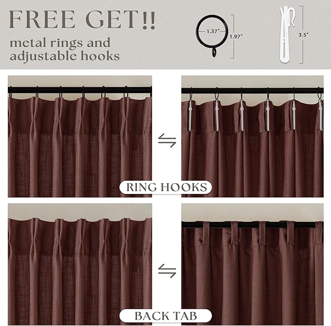 Reddish Brown Pinch Pleated Linen Cafe Curtains 45 Inch Length 2 Panels for Dining Room Kitchen Bedroom Semi Sheer Pleat Drapes with Hooks Rings Light Filtering Short Window Curtain Cabinet 40x45