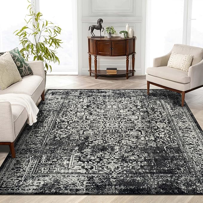 vivorug 3x5 Area Rugs, Stain Resistant Washable Rug for Living Room, Vintage-Inspired Black and White Rug
