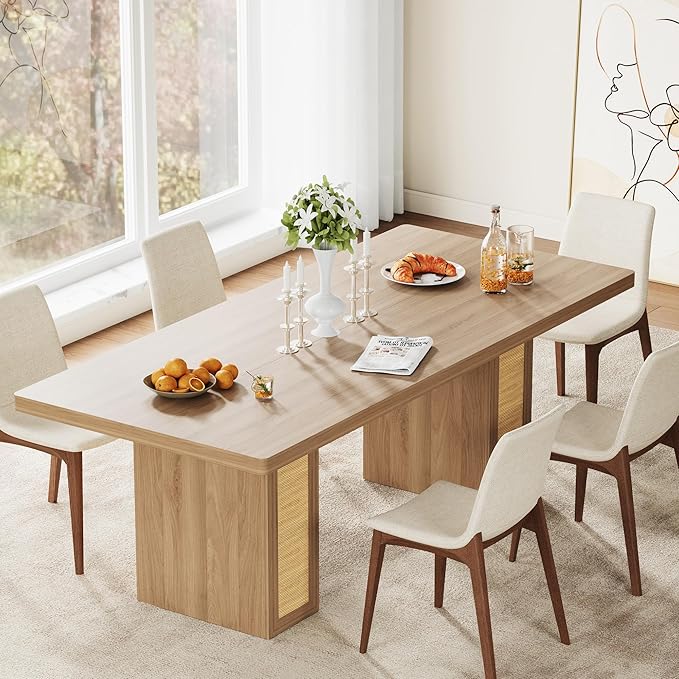 LIKIMIO 78.7" Farmhouse Dining Table for 6-8 People, Extra Thick Wood Top with 2 Hidden Adjustable Storage Drawers, Modern Woven Rattan Table for Dining Room, Kitchen, Living Room, Rustic White