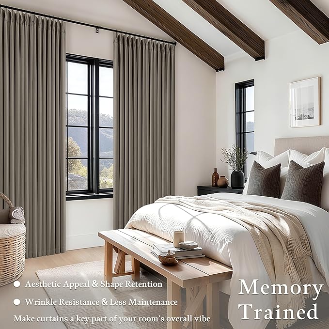Dark Flax 100 Inch Blackout Pinch Pleated Curtains 2 Panel Set for Living Room Darkening Thick Linen Textured 100% Black Out Drapes 100 Inches Long Pinch Pleat Light Blocking Bedroom Taupe Gray
