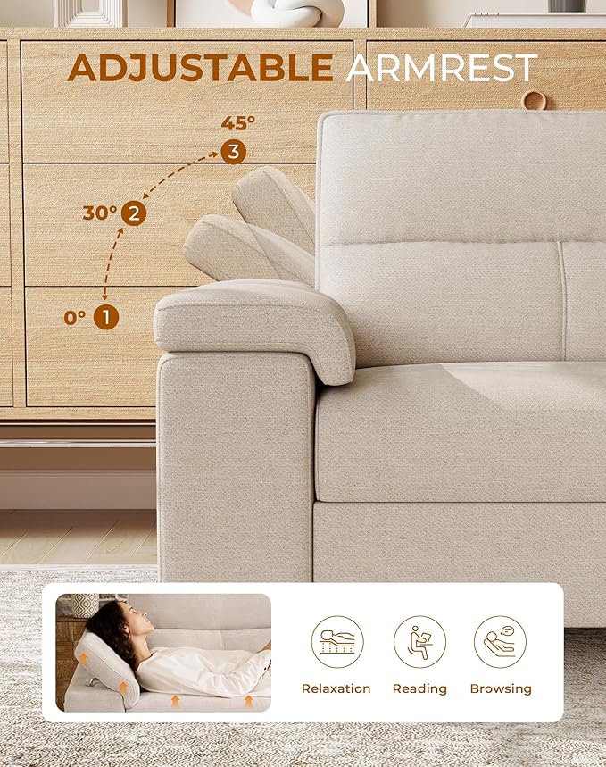 88.97" L Shaped Sectional Couches for Living Room, Deep Seat Sofa with Big Storage Ottoman & 8”Cushion, Comfy 2-Seater Chenille Loveseat, Convertible Armrest, Removable Cover for Small Space(Beige)