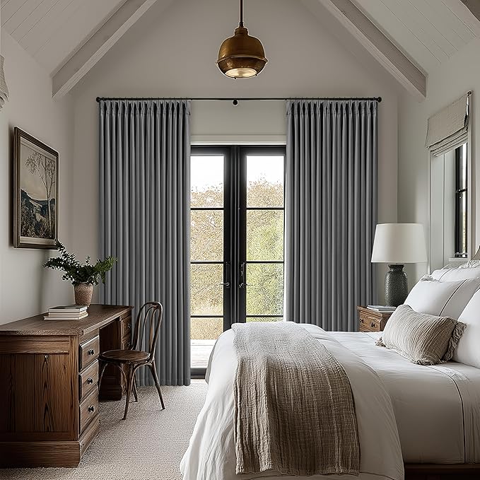 Dark Gray Linen Blackout Pleated 105 Inch Curtains for Living Room Darkening Pinch Pleat 100% Black Out Drapes Thermal Insulated Soundproof Charcoal Grey 105 Inch Curtain for Dining Bedroom