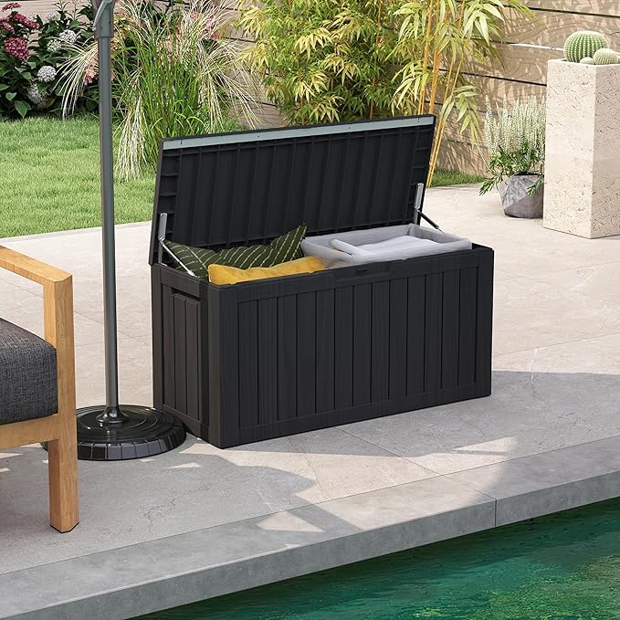 80 Gallon Outdoor Storage Box Waterproof, Resin Deck Boxes with Lockable Lid & UV-Resistant for Patio, Pool, Garden Furniture Cushions & Accessories, Black