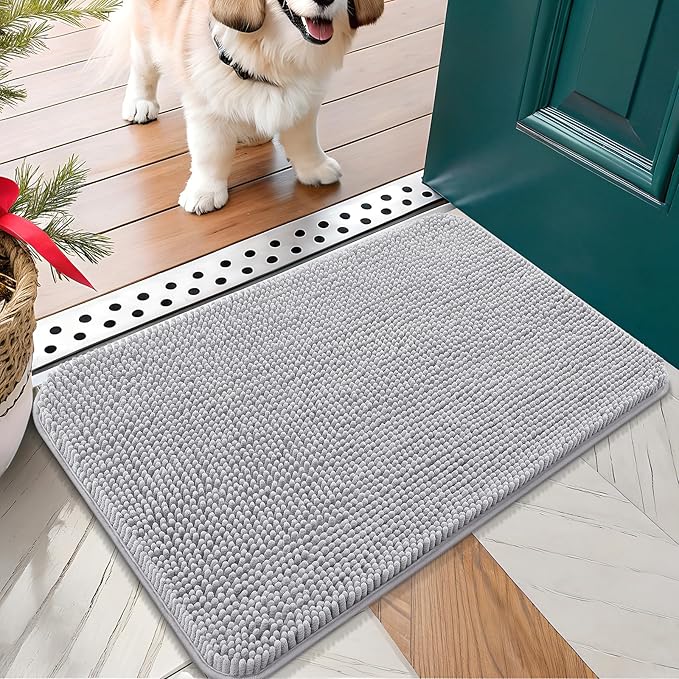 OLANLY Dog Door Mat for Muddy Paws 30x17, Absorbs Moisture and Dirt, Absorbent Non-Slip Washable Doormat, Quick Dry Chenille Mud Mat for Dogs, Entry Indoor Entryway Carpet for Inside Floor, Light Grey