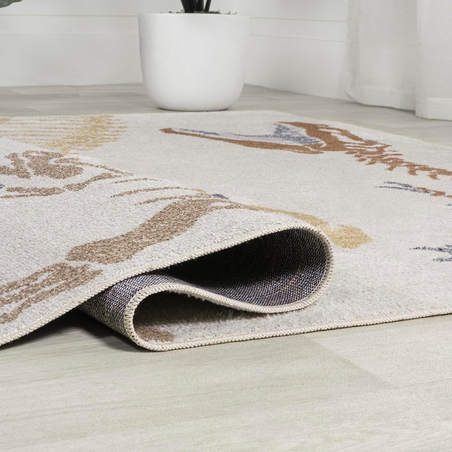 JONATHAN Y Machine-Washable Cream/Multi Indoor Area Rug, 4x6, Kingdarr T-Rex Modern, Casual, Kids & Novelty for Living Room, Dining Room, Bedroom, Kitchen Easy-Cleaning, Non-Shedding (KDW103A-4)