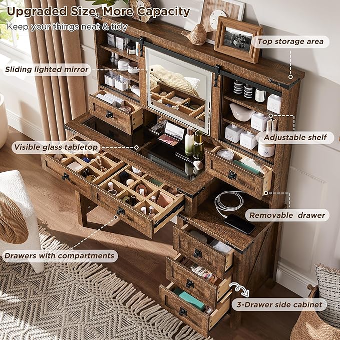 T4TREAM 48'' Farmhouse Makeup Vanity Desk with Sliding HD Mirror and Lights, Big Modern Lighted Vanity Table with 7 Drawers & Shelves, Rustic Large Dressing Table for Bedroom, Reclaimed Barnwood