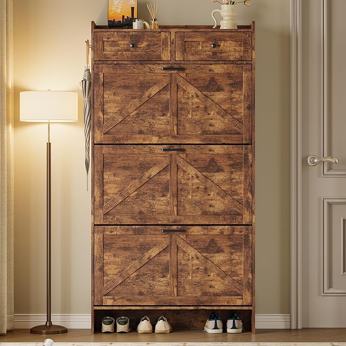 Shoe Storage Cabinet for Entryway, Farmhouse Narrow Shoe Cabinet with 3 Flip Drawers & 2 Top Drawers, Adjustable Shelves & Hooks, Freestanding Hidden Rack Organizer for Hallway, Foyer