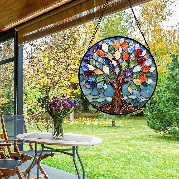 Stained Glass Window Hanging, Colorful Tree of Life Sun Catchers Glass Panel Blue Suncatcher Decor for Birthday for Women, Men, Wife, Aunt, and Mom 7.8 in