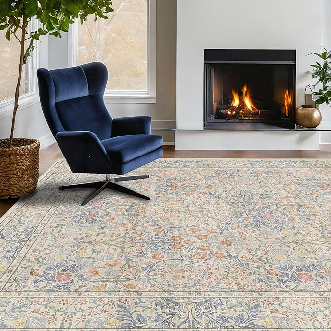 Washable Dining Room Rugs, 7x9 Area Rug for Living Room, Bedroom, Kids Playroom, Low Pile Non-Slip Lightweight & Stain Resistance - Light Beige Blue Oriental Vintage Design