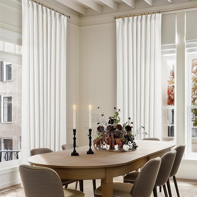 Beige White Pinch Pleated Linen Curtains 1 Panel for Living Room Bedroom Memory Training Shaped Semi Sheer Pleat Drapes with Hooks Rings Light Filtering Window Curtain 60x108