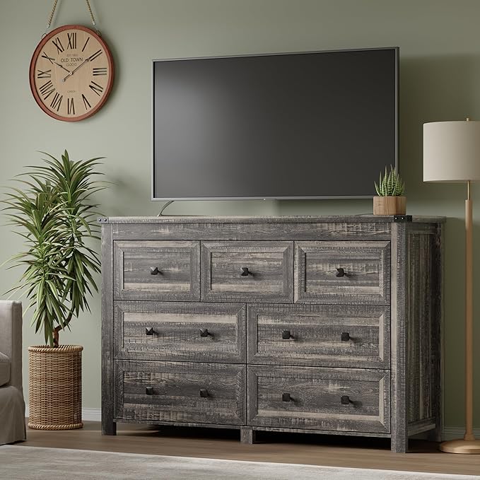7-Drawer Dresser, Modern Wooden Storage Chest of Drawers, Dresser TV Stand, Wood Drawer Organizer with Metal Handles for Bedroom, Living Room, Hallway