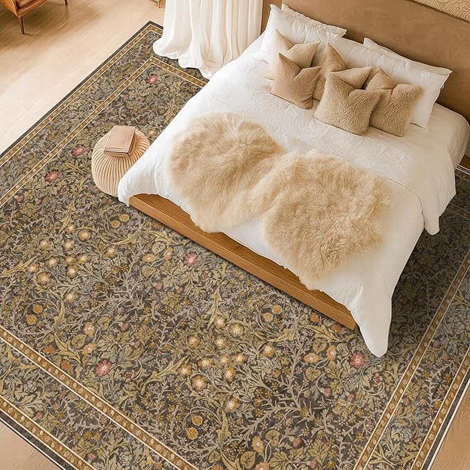 Washable Living Room Rug 10x12 - Brown Oriental Area Rug for Dining Room Under Table, Low Pile Non-Slip Floor Decor for Bedroom Under Bed - Vintage Earthy Design & Stain Resistance