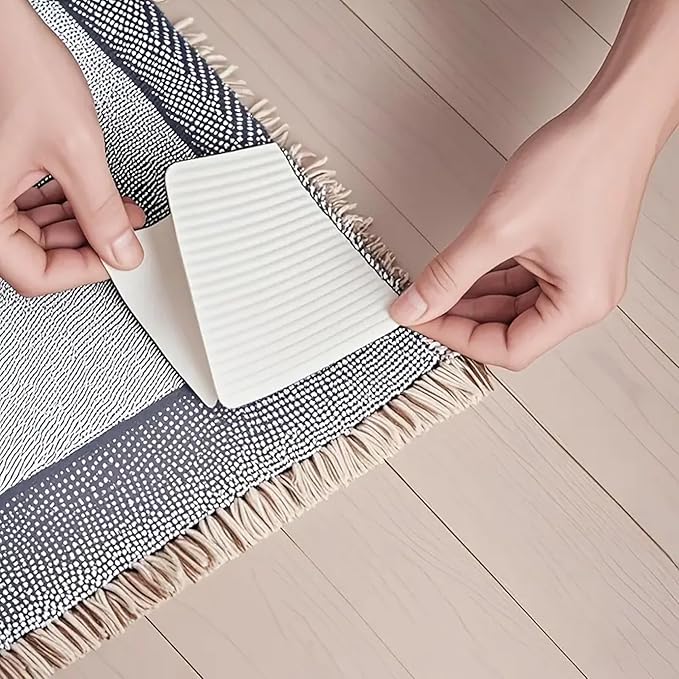 Rug Wrangler Rug Tape Grip – Non-Slip Rug Pads for Hardwood Floors (4-Pack) Rug Tape with No Damage or Residue, Carpet Corner Holders, Anti-Slip Rug Grips, Vacuum Tech Double Sided Rug Pad