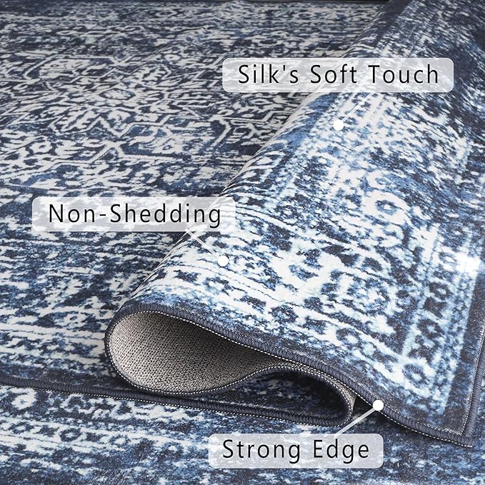 vivorug Runner Rug 2x10 Machine Washable Rug with Non-Slip Backing, Ideal for Kitchen Hallway Entryway Laundry Room - Vintage, Durable, Easy Clean, Low Pile Carpet Runner, Navy Blue