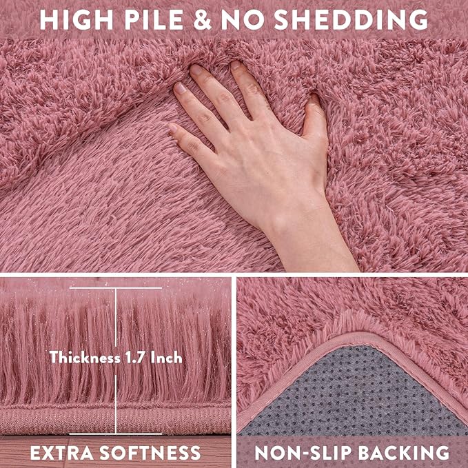 Fluffy Rugs for Living Room, 9x12 Feet Blush Shag Rug for Bedroom Girls Room, Soft Large Fuzzy Plush Carpet for Home Decor