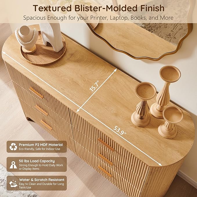 Fluted 6 Drawer Dresser for Bedroom with Curved Profile Design, 53.9 Inch Wide Chest of Drawers, Smooth Glide Storage Cabinet for Living Room, Natural Oak