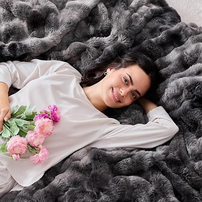 Fluffy Blanket - Soft Luxury Faux Rabbit Fur Throw - Cozy Fuzzy Plush Bubble Blanket, Warm & Decorative - Queen Size 90''x90'', Tie-Dyed Dark Grey