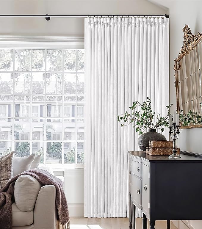 Extra Wide 102 Inch Long Curtains 70 Inch Width Pinch Pleat Linen Curtains for Living Room BedroomLight Filtering Privacy Pleated Hooks Rings Back Tab for Sliding Door White 1 Panel