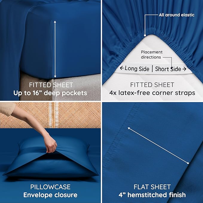 Bambaw King Sheets Set 4pcs – 100% Viscose Derived from Bamboo Sheets King Size Extra Deep Pocket, Ultra Soft, Fits Up to 16'' with Elastic Corner Straps, King Size Sheets Set Cooling (Navy Blue)