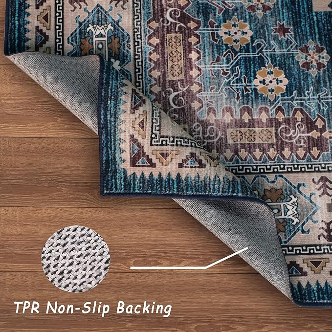 vivorug 6x9 Area Rug, Ultra-Soft Washable Rug for Living Room, Dinner Room, Bedroom, Non-Slip Vintage Medallion Rug, Indoor Carpet Large Area Rug, Blue