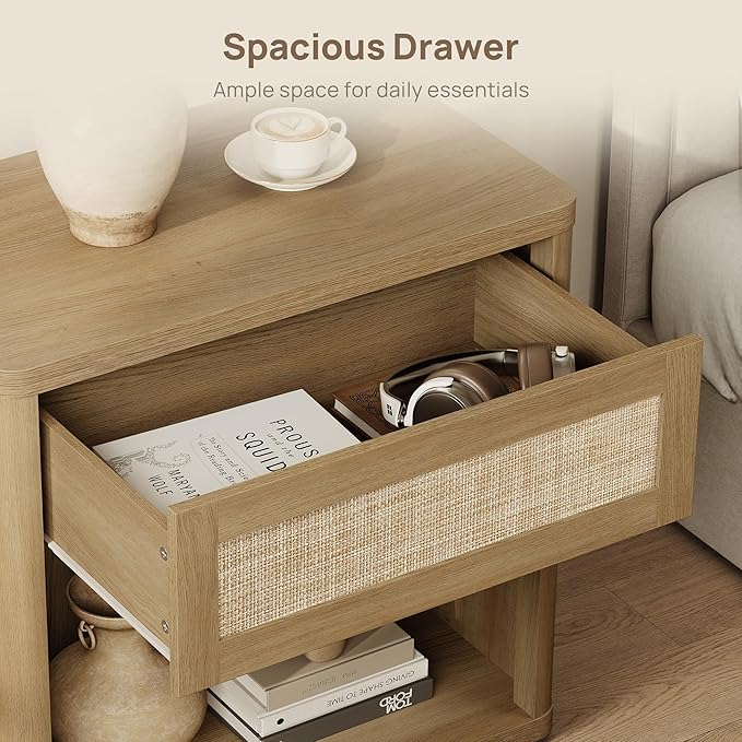 SICOTAS Night Stand 26" Wide Large Nightstands with Drawer & Shelf Storage Rattan Bedside Table Boho End Table Tall Bed Side Tables Night Stands for Bedroom Living Room Sofa Office Dorm, Amber Oak