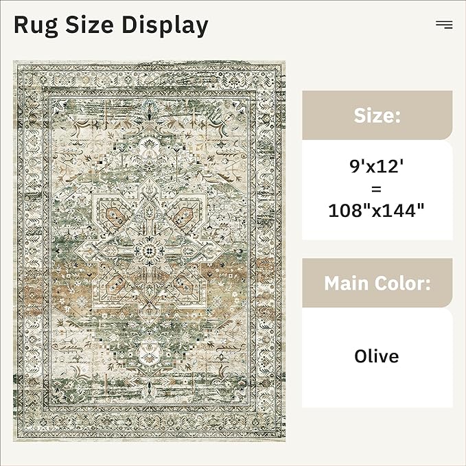 9x12 Area Rugs for Living Room, Non Slip Machine Washable Vintage Rugs, Low Pile Lightweight Large Rug for Bedroom, Dining Room, Home Office Olive