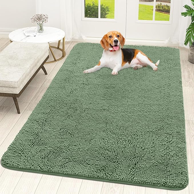 OLANLY Dog Door Mat for Muddy Paws 59x35, Absorbs Moisture and Dirt, Absorbent Non-Slip Washable Doormat, Quick Dry Chenille Mud Mat, Entry Indoor Entryway Carpet for Inside Floor, Olive Green