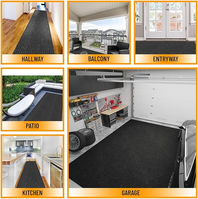 Ottomanson 2'7" x 21' Hallway Runner with Scraper Pile - Extra Durable Non-Slip Rug Mat for Indoor & Outdoor Use - Ideal for Kitchen, Entryway & Garage - High-Traffic Carpet, Black
