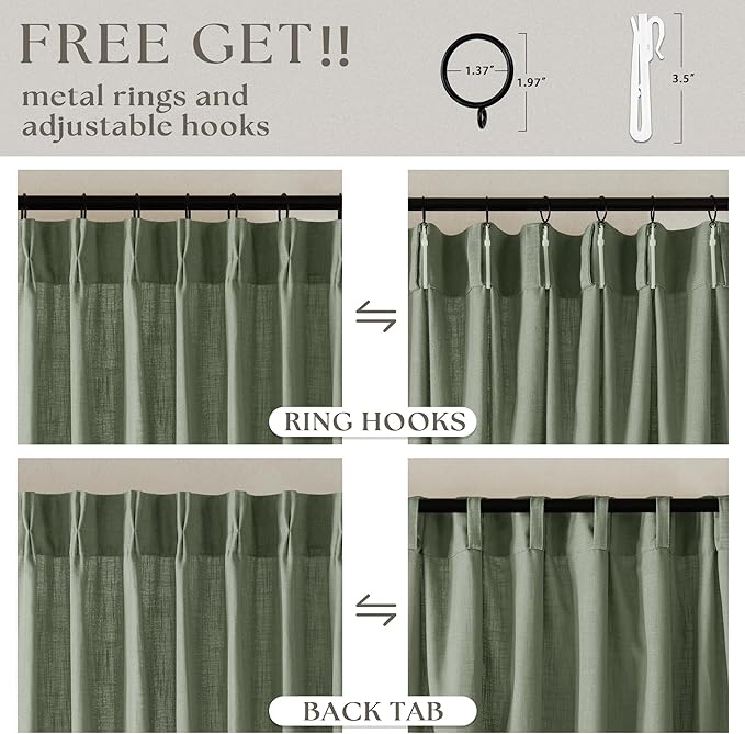 Sage Green Pinch Pleated Linen Curtains 80 Inches Long for Living Room Bedroom Light Filtering Boho Window Drape 80 inch 2 Panels with Hooks Rings Sliding Glass Door Semi Sheer Curtain Light Green