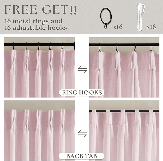 Elegant Blush Pink Semi Sheer 102 Inch Curtains Cotton Linen Textured for Living Room Bedroom Nursery Soft Light Filtering Drapes Dusty Pink Pinch Pleated Curtains with Rings Hooks 2 Panels Set