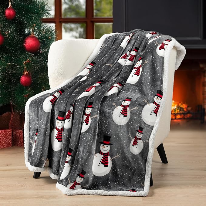 PAVILIA Premium Christmas Sherpa Throw Blanket, 60x80, Grey Snowman Cozy Fleece Holiday Blanket, Reversible Plush Winter Throw for Couch & Bed, Ultra Soft Warm Christmas