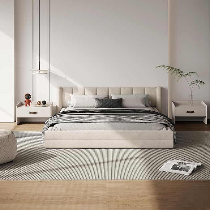 DEINPPA Queen Size Bed Frame with Cloud Soft Headboard, Chenille Upholstered Grounded Wood Base Bed Frame, No Box Spring Needed-Beige