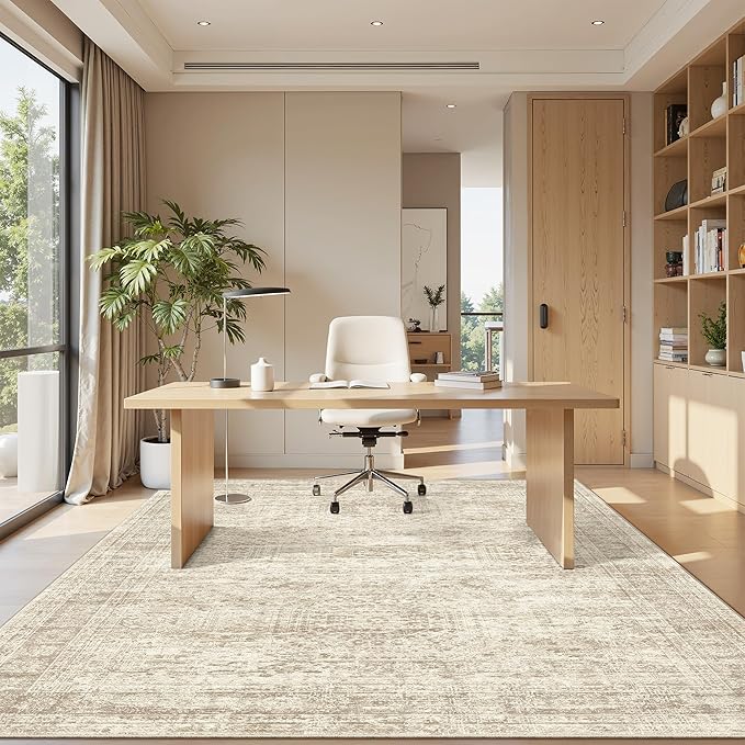 7x9 Area Rug for Living Room Washable Abstract Vintage Soft Thin Indoor Floor Non-Slip Carpet for Bedroom Dining Room Beige
