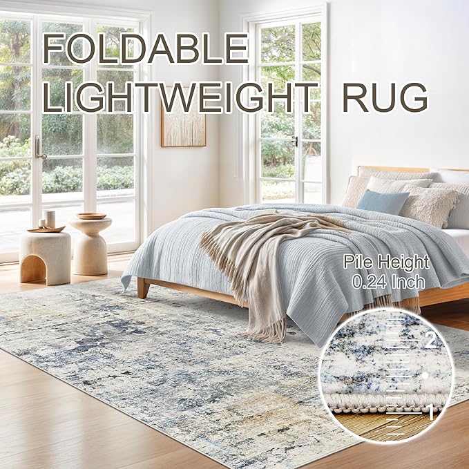 6x9 Abstract Area Rugs for Living Room 6 x 9 Washable Non Slip Low Pile Gray Rugs for Bedroom Dining Room Foldable Thin Blue Yellow