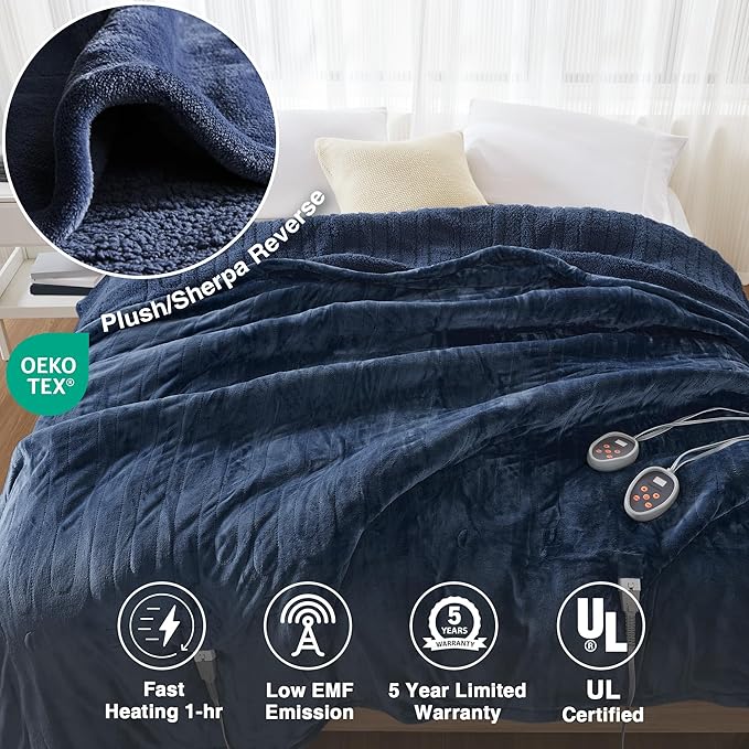 Beautyrest Heated Blanket, Electric Blanket, Soft, Warm, Reversible Plush - Sherpa Heating Blanket with 20 Heat Settings, 1-10 hrs Timer Auto Shut Off, Machine Washable, Queen (90 inx84 in), Indigo