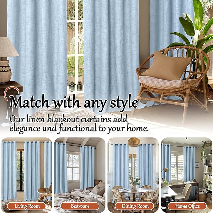 Baby Blue Linen Blackout Curtains for Nursery 72 Inch Length 2 Panels Set, Thermal Insulated Boho Total Black Out Noise Reducing Bonzer Grommets Window Curtains for Kids Bedroom, Each 52 Inch Wide