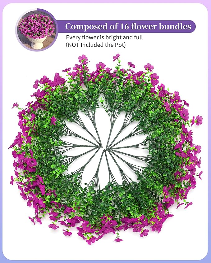Artificial Flowers for Outdoors Faux Outside Plants Spring Summer Decorations 16 Bundles UV Resistant Silk Daisy Fake Eucalyptus Realistic Used for Yard,Porch,Patio,Window Box,Planter Decor