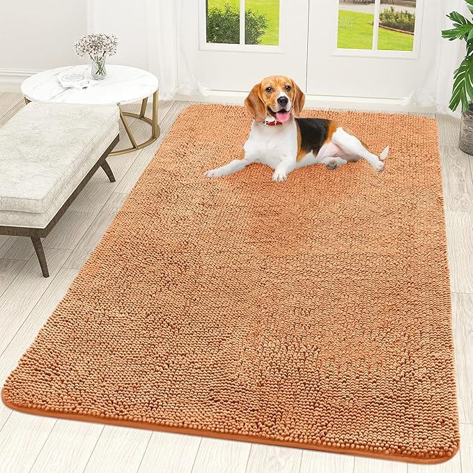 OLANLY Dog Door Mat for Muddy Paws 59x35, Absorbs Moisture and Dirt, Absorbent Non-Slip Washable Doormat, Quick Dry Chenille Mud Mat for Dogs, Entry Indoor Entryway Carpet for Inside Floor, Orange