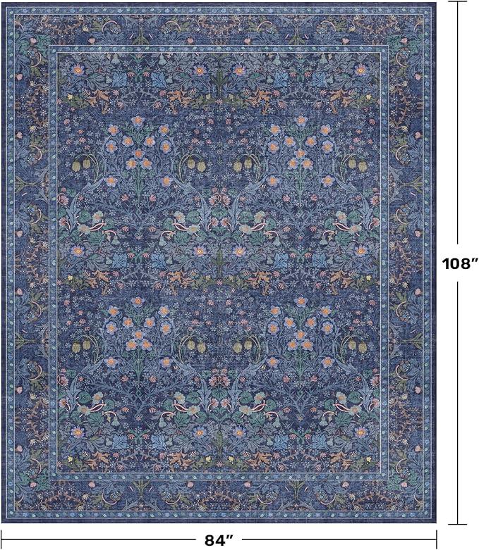 Washable Dining Room Rugs for Under Table - 7x9 Dark Blue Oriental Area Rug for Living Room, Low Pile Non-Slip Floor Carpet for Bedroom Under Bed - Vintage Design & Stain Resistance (7x9 Dark Blue)
