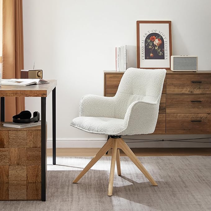 Art Leon Mid Century Swivel Chair - Boucle Fabric Upholstered Desk Chair No Wheels, Accent Armchair with Oak Wood Legs for Small Space Living Room Bedroom, Set of 2, Off White