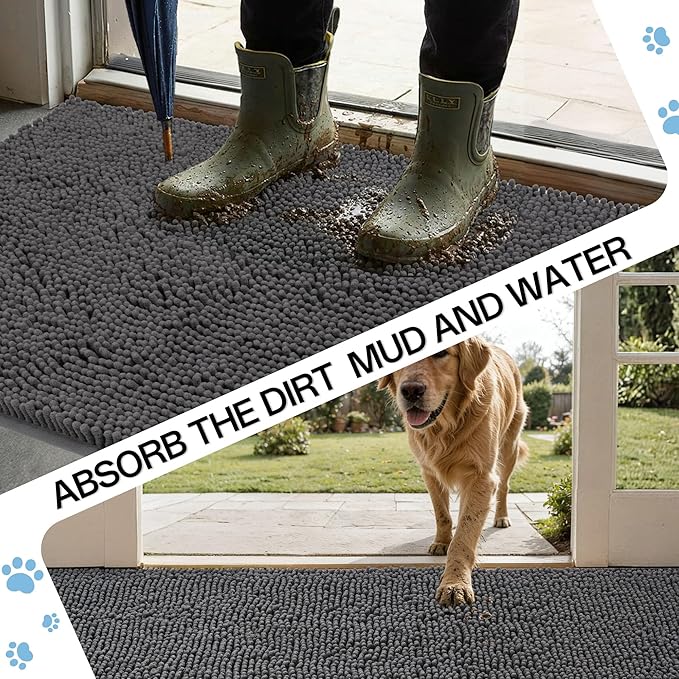 Amyracel Dirt Trapping Door Mat, 24" x 48" Large Absorbent Dog Door Mat for Muddy Paws, Quick Dry Non Slip Chenille Mud Mat for Dogs, Machine Washable Entry Indoor Entryway Rug for Inside Floor