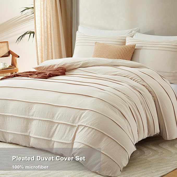 Oli Anderson Light Khaki Duvet Cover Queen Size - Pleated Queen Duvet Cover, 3PCS Soft and Breathable Textured Bedding Set with Zipper Closure(Light Khaki,90"x90")