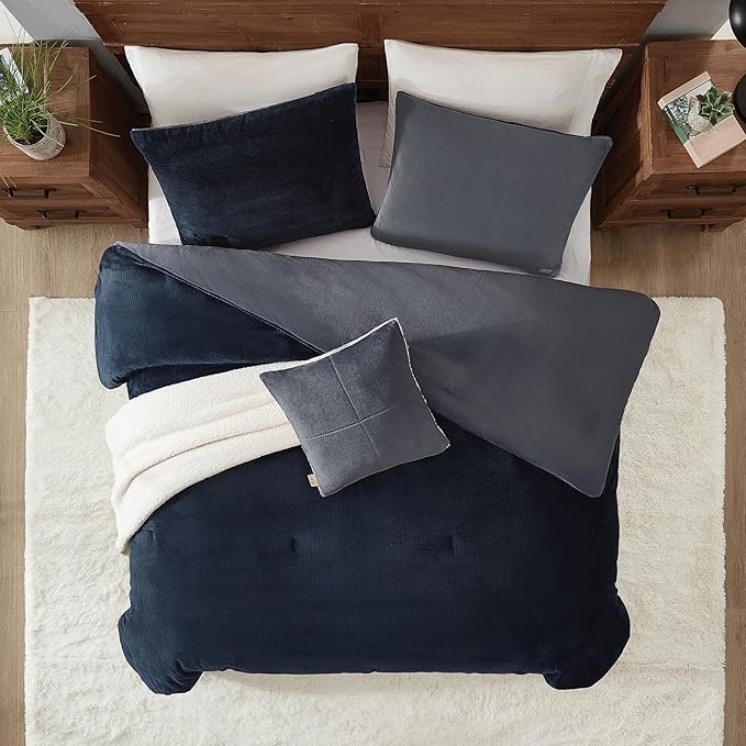 UGG Full/Queen Comforter Set 5 Piece Bed in a Bag with Throw Blanket, Decorative Pillow, Shams, Reversible Hypoallergenic Washable Luxury Warm Fluffy Bedding Set, Navy Blue (Remina)