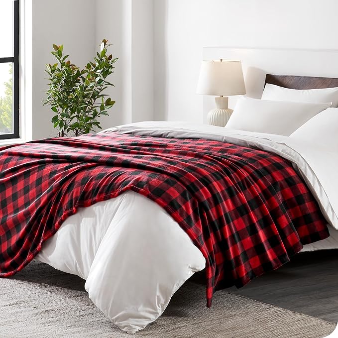 Bare Home Textured Fleece Blanket - Throw/Travel - Ultra-Soft Lightweight for Bed, Sofa, and Couch - Luxury Microplush - Cozy Warm Blanket (Throw/Travel, Buffalo Plaid - Red/Black)