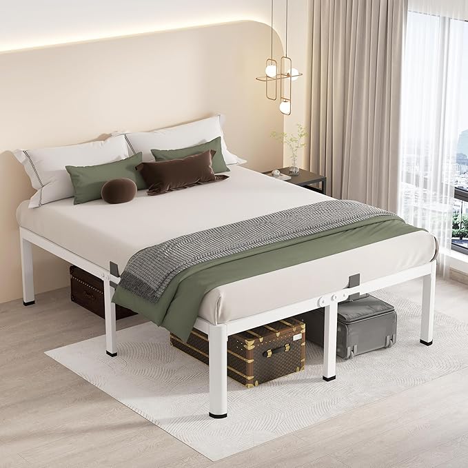 MAF 14 Inch Queen Metal Platform Bed Frame White with Round Corner Legs, 3000 LBS Heavy Duty Steel Slats Support, Noise Free, No Box Spring Needed, Easy Assembly
