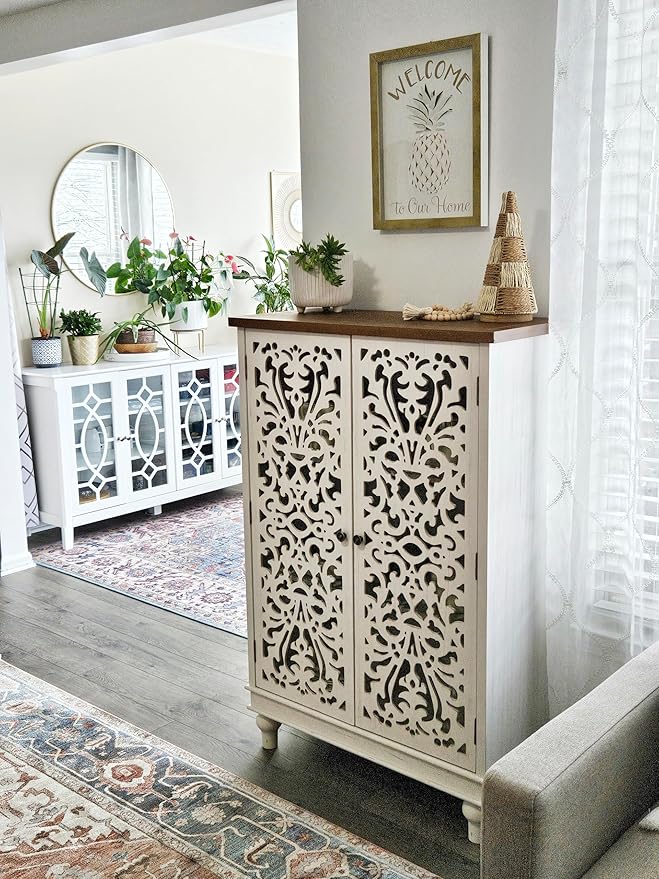 PHI VILLA Tall Accent Cabinet with Doors - Farmhouse Storage Cabinet for Living Room White