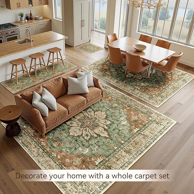 Area Rugs 10'x12' Washable Non-Slip, Floral Vintage Distress Print Pattern Medallion Carpet for Living Room Bedroom Dining Room, Brick Red Rust Neutral Brown Burnt Orange Green